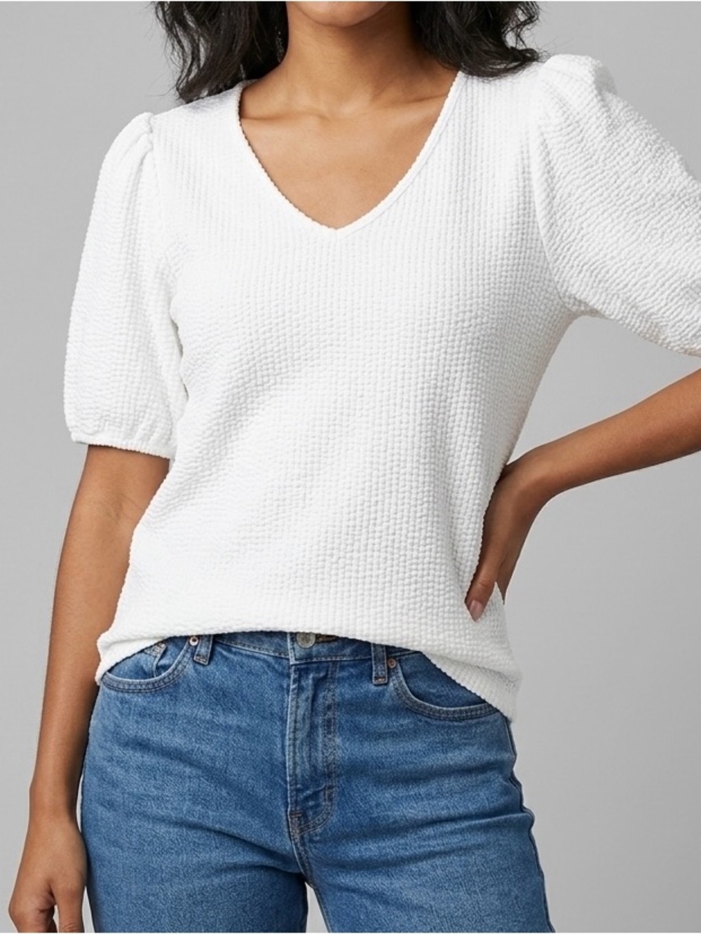 Green Envelope LA White Textured Waffle Knit Puff Sleeve V-Neck Top Large